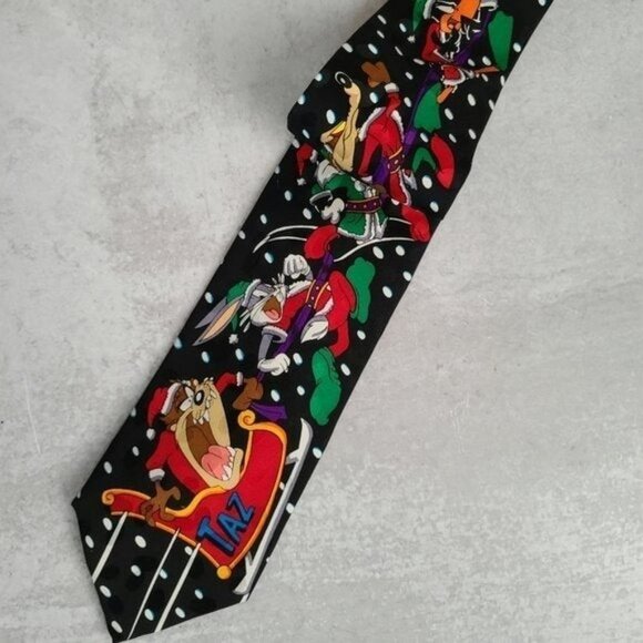 VTG 90's Looney Tunes Holiday Silk Polka Dot Tie - Picture 3 of 8